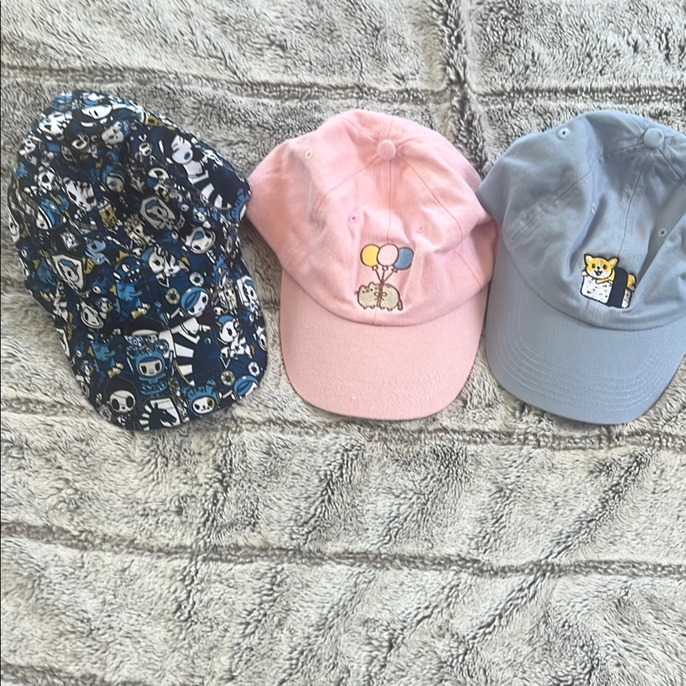 Tokidoki Team Liquid Cap, Pusheen Cat Cap, and Shiba Inu Cap
